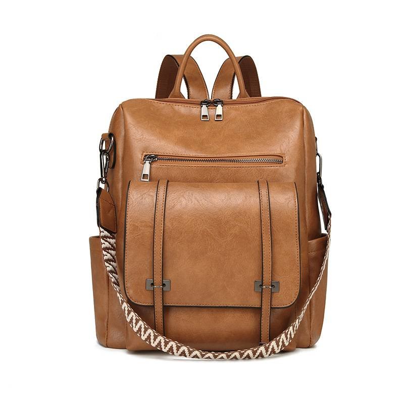 Brown Retro Soft PU Leather Backpack for Women - Water-Resistant Large Capacity Travel Rucksack with Dual Detachable Straps