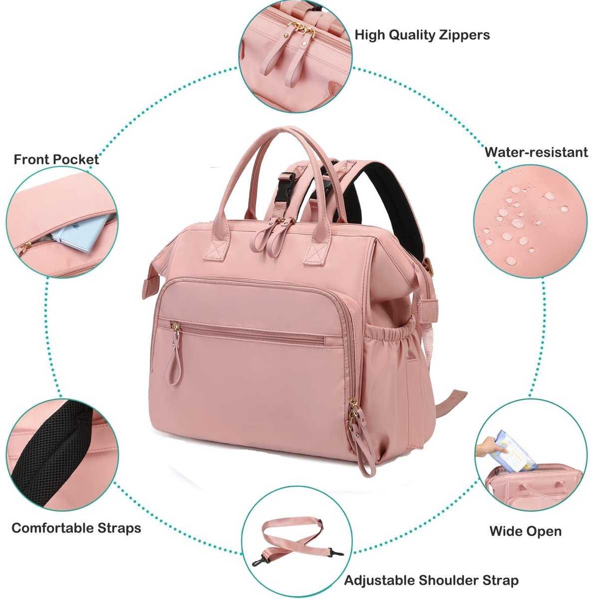 Convertible Diaper Bag - Wide Opening - 14 Pockets - Stylish - Baby Changing Bag - with Stroller Buckle - Diaper Bag - Waterproof (Pink)