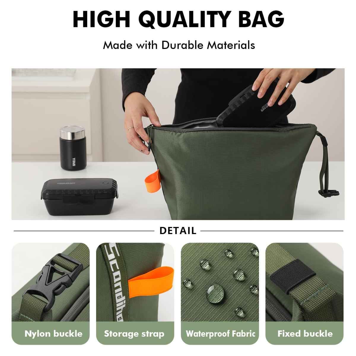 Foldable Lunch Bag – Reusable Insulated Cooler Tote with Waterproof Zipper, Leak-Proof Design, Lightweight & Compact, Ideal for Work, School, Picnic, Travel (Military green)