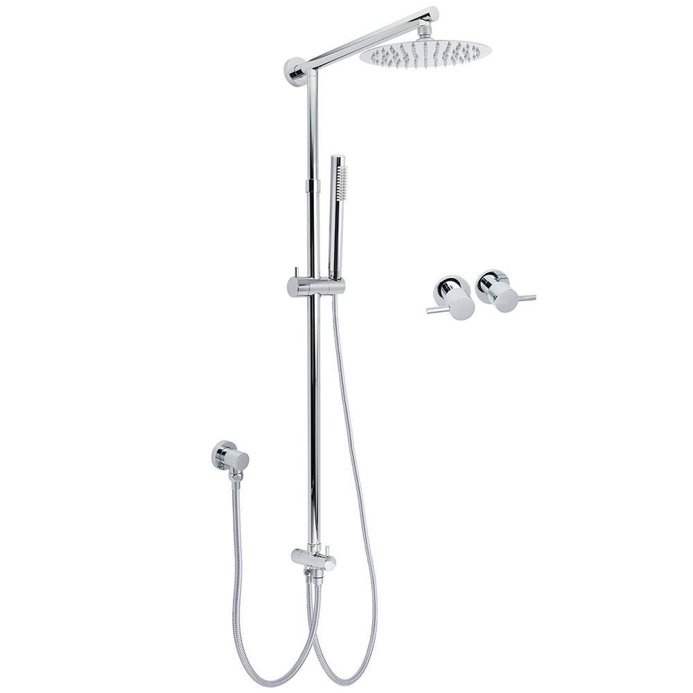 WELS Chrome Round 8" Thin Rainfall Head Metal Handheld Sliding Rail Arm Dual Shower Twin Taps Set