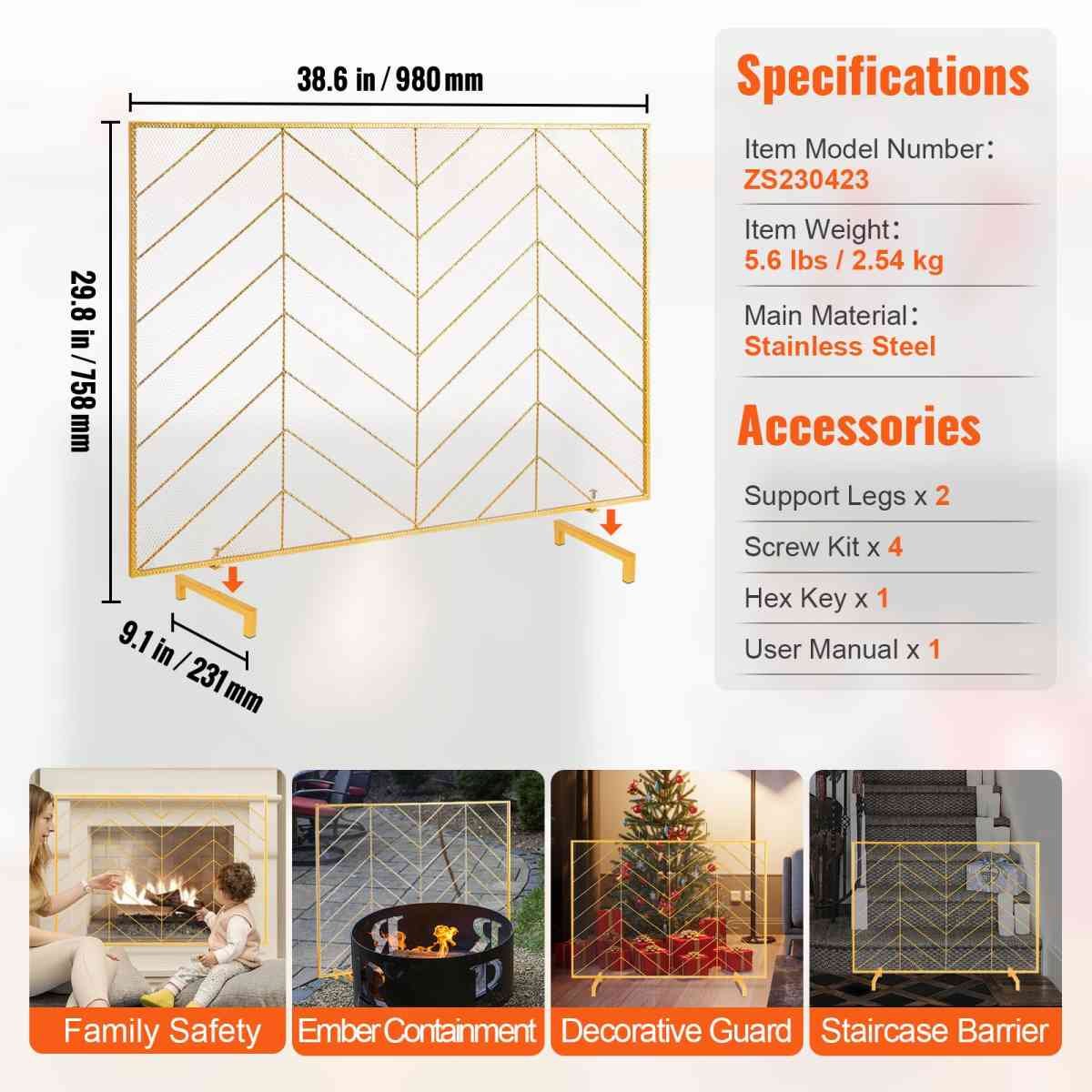 VEVOR 980x758MM Fireplace Screen 1-Panel Iron Mesh Spark Guard Modern Gold