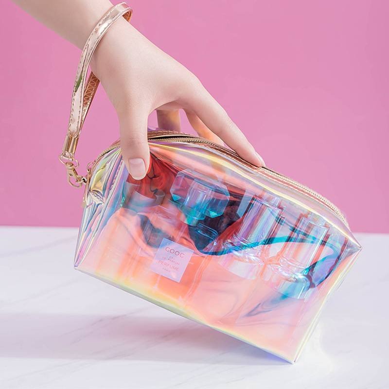 Holographic TPU Cosmetic Bag - Waterproof Iridescent Makeup Pouch with Wrist Strap - Transparent Travel Toiletry Organiser - 18.5cm