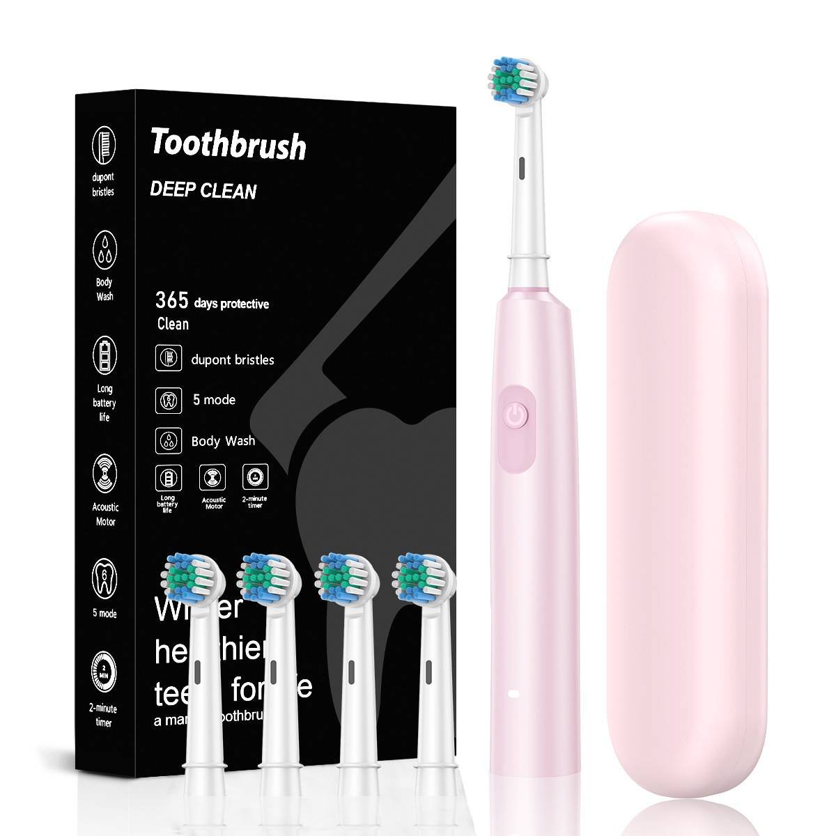 Pink Rotating Round Head Electric Toothbrush Kit with 4 Heads & Case - 3D Oscillating Mechanical Cleaning for Deep Plaque Removal