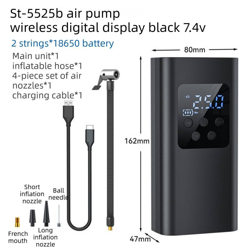 Wireless Rechargeable Tire Inflator with 4 Inflation Modes & 5 Inflatable Parts - Real-Time LCD Precision Gauge, Auto-Stop & Emergency LED Light(2-Cell)