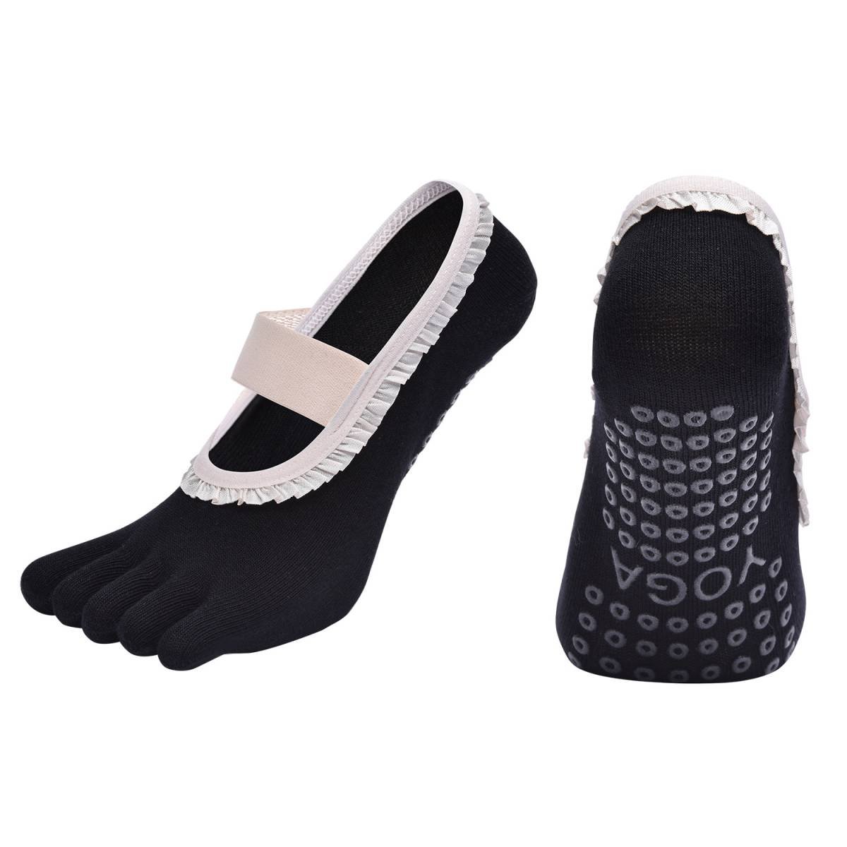 Black 2pcs Women's 5-Finger Ballet Style Yoga Socks - Non-Slip Grip Pilates & Dance Socks with Elegant Lace Trim and Elastic Cross Strap