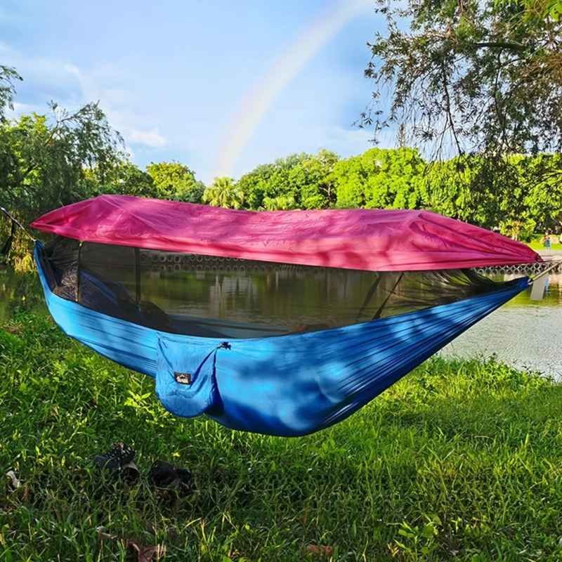 290 x 140CM Professional Nylon Hammock with Integrated Mosquito Net & Sunshade - 2-Person  Anti-Rollover Camping Swing with Heavy-Duty Installation Kit (Blue Pink)