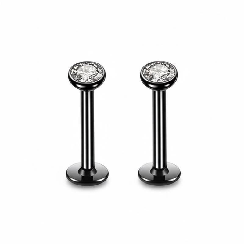 2 PCS Internally Threaded Labret Studs - 16G 8mm Stainless Steel Flat Back with 3mm CZ Crystal - Black Tone Body Piercing for Lip Tragus Helix
