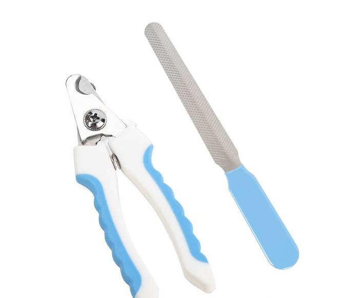 Pet Nail Clippers & File Set for Small Dogs Cats Stainless Steel Claw Trimmer with Safety Guard Non-Slip Handle Grooming Tool White & Blue