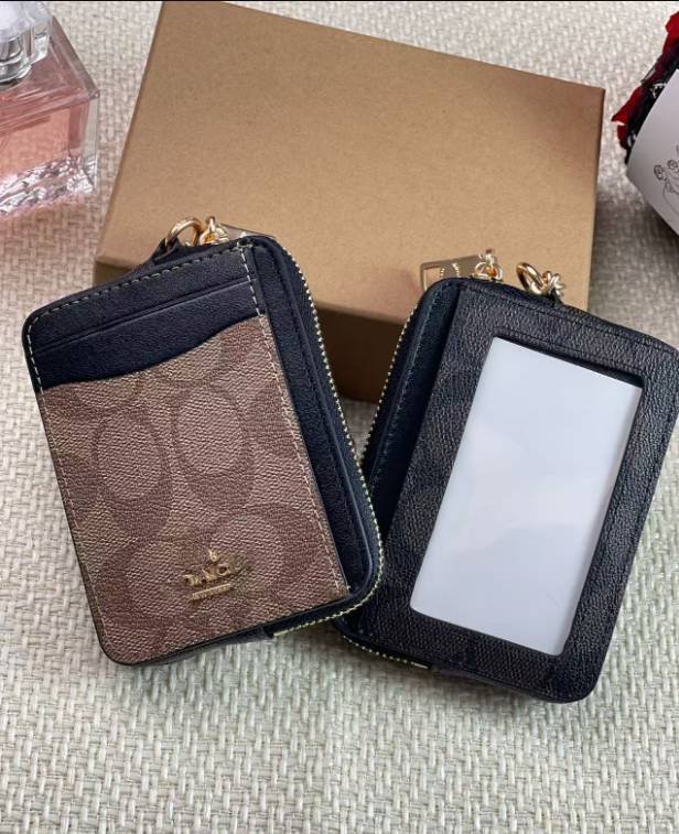 2 Pack Women's Leather Zip Card Holder & Coin Purse with Keychain - Brown Monogram & Pebble Grey - Compact ID Wallet for Travel & Commuting