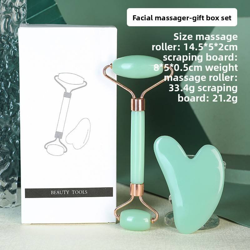 Green Dual-Head Resin Facial Roller and Heart-Shaped Gua Sha Set for Home SPA Skincare and Face Neck Massage