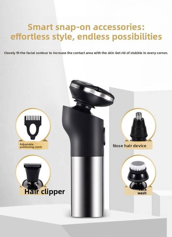 Men's 4-in-1 Electric Shaver Grooming Kit 3D Rotary Razor with Nose Trimmer Hair Clipper Facial Brush Wet & Dry Waterproof Black