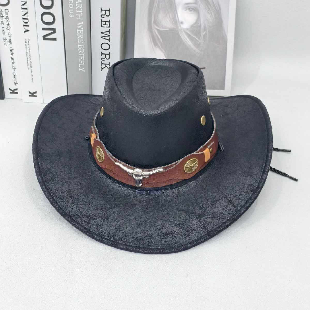 Rustic Western Cowboy Hat - Distressed Faux Leather Look Wide Brim Outback Sun Hat with Bull Head Emblem for Men & Women (Black)