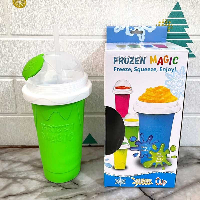 Green Instant DIY Slushie Squeeze Maker Cup - Food-Grade Silicone Double-Layer Cooling Smoothie Cup with 2-in-1 Straw & Spoon