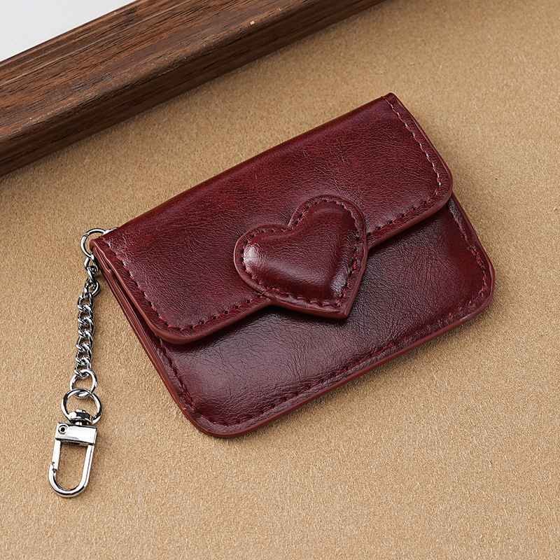 2PCS Wine Red Women's Slim PU Leather Card Holder with Cute Heart Detail and Keychain Clip - Ultra Thin Portable Card Sleeve for Daily Use and Gifting