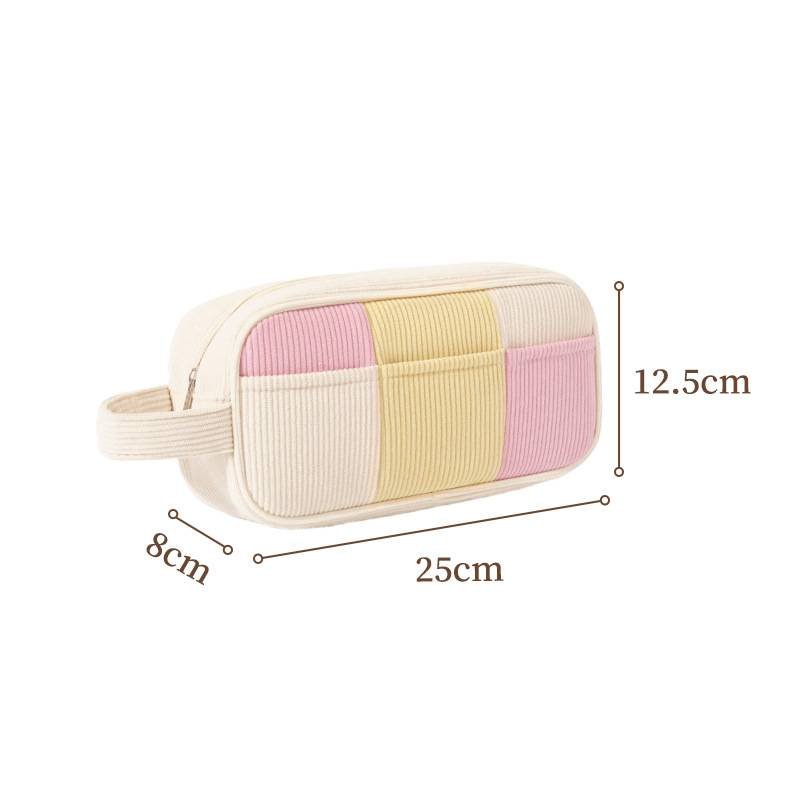 Yellow Trendy Color-Block Corduroy Makeup Bag - Large Capacity Travel Cosmetic Organizer with Easy-Access Wide Opening and Portable Handle