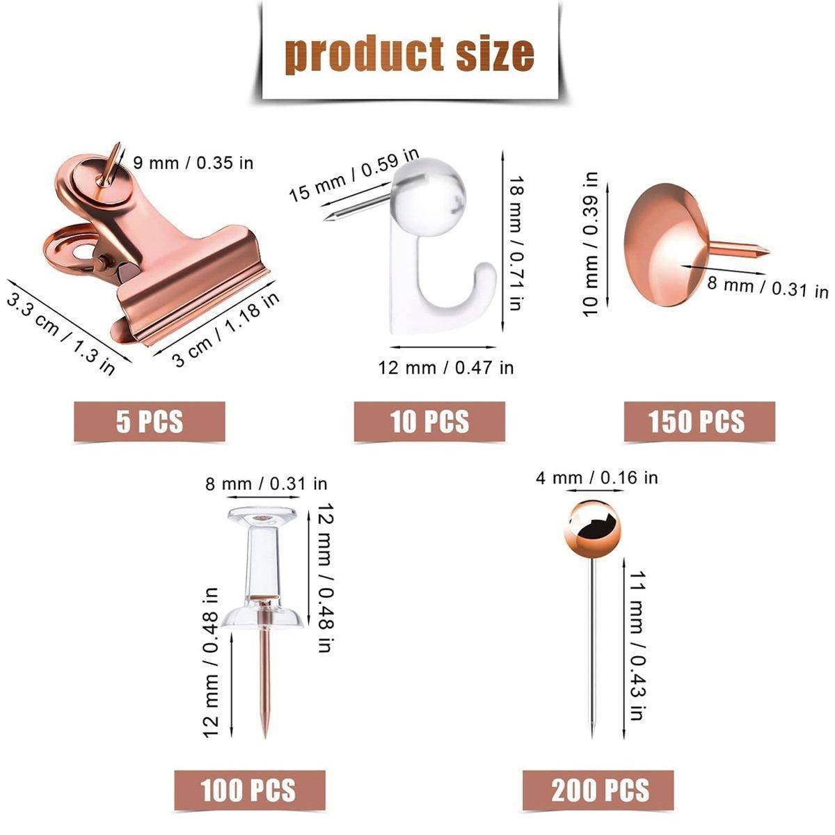 465PCS Rose Gold Thumbtacks Binder Clips Push Pins Set Office Supplies With Box