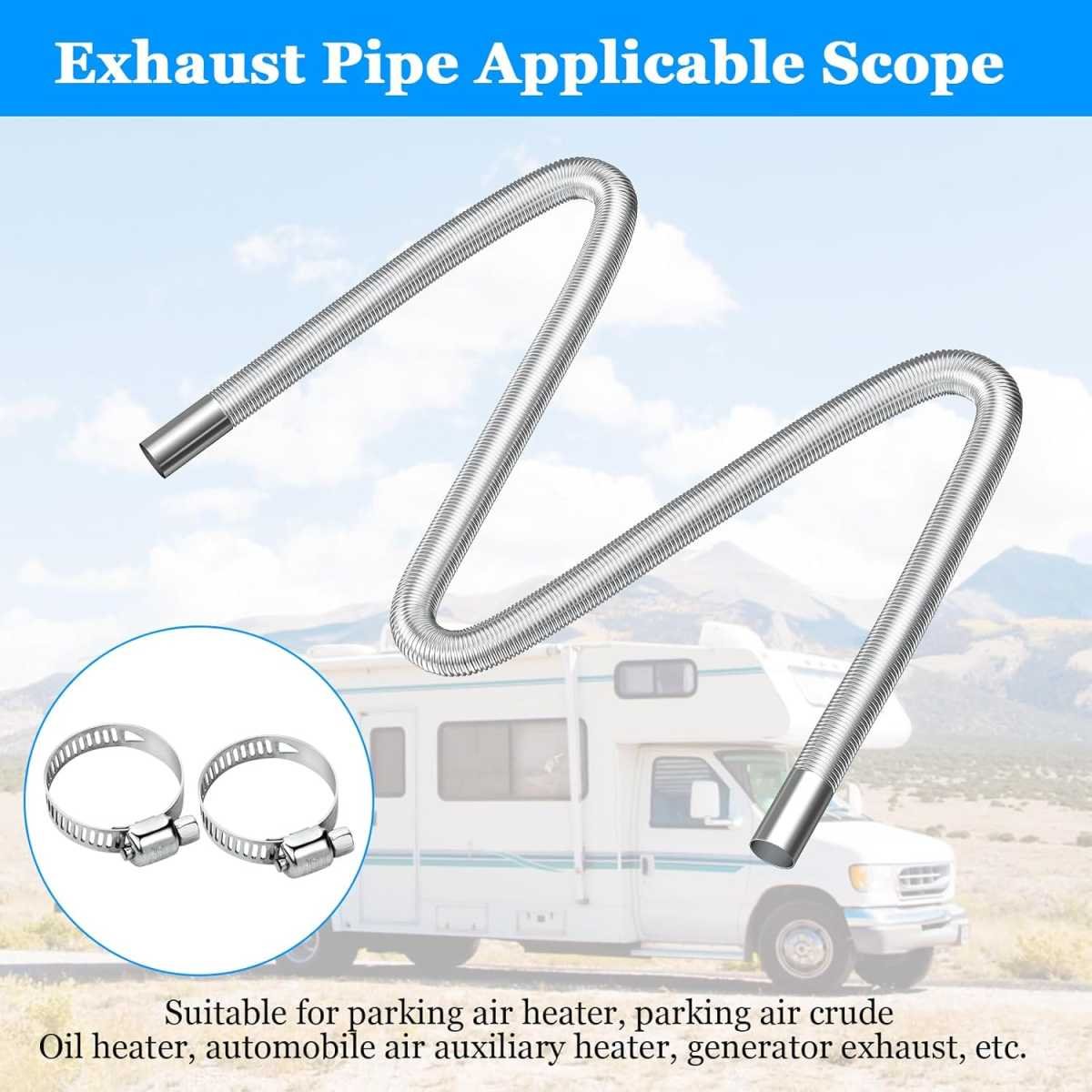 Stainless Steel Air Heater Hose 300cm Ø 2.5cm Exhaust Pipe with 2 Clamps for Parking Heater