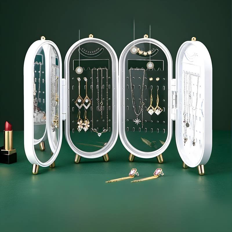 White 4-Layer Retractable Screen-Style Jewelry Display Stand With Mirror Zone - Dust-Proof Necklace & Earring Organizer Case for Vanity