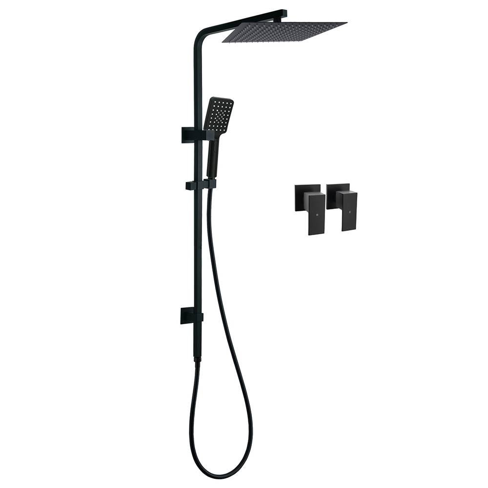 Dual Shower Square Large 12" Rainfall Head 3 Modes Handheld Wall Rail Twin Taps Matt Black