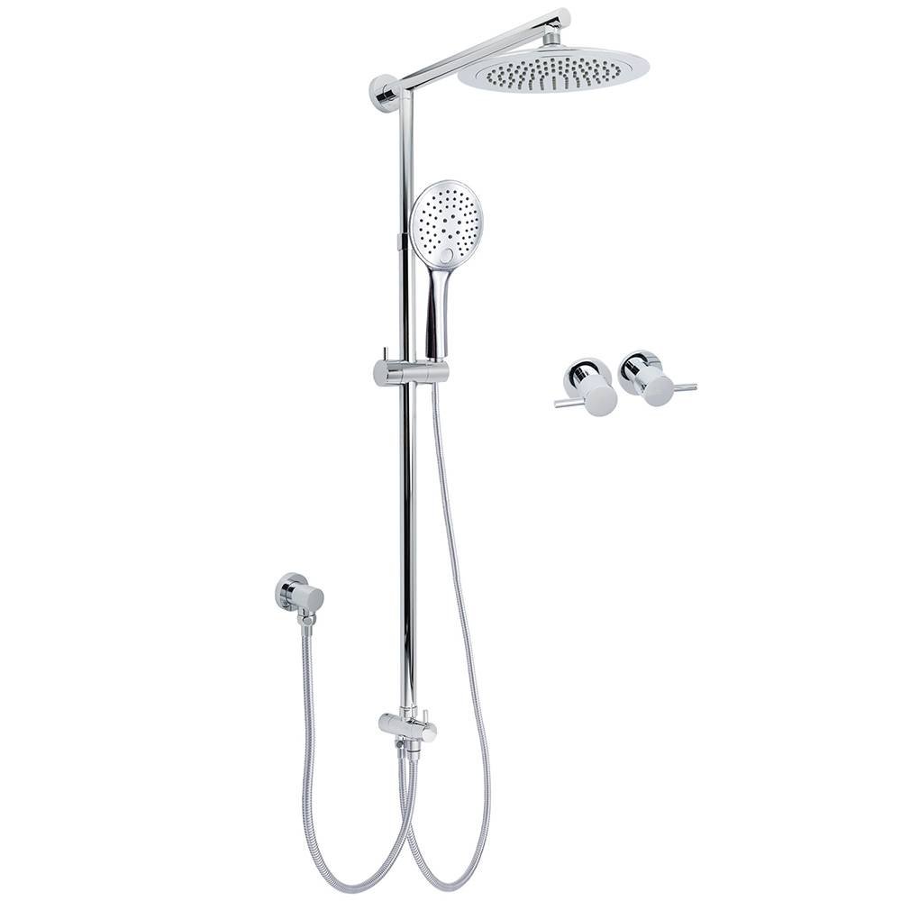 WELS Chrome Round 9" Rainfall Dual Shower Head & Handheld Sliding Rail Wall Arm Twin Taps