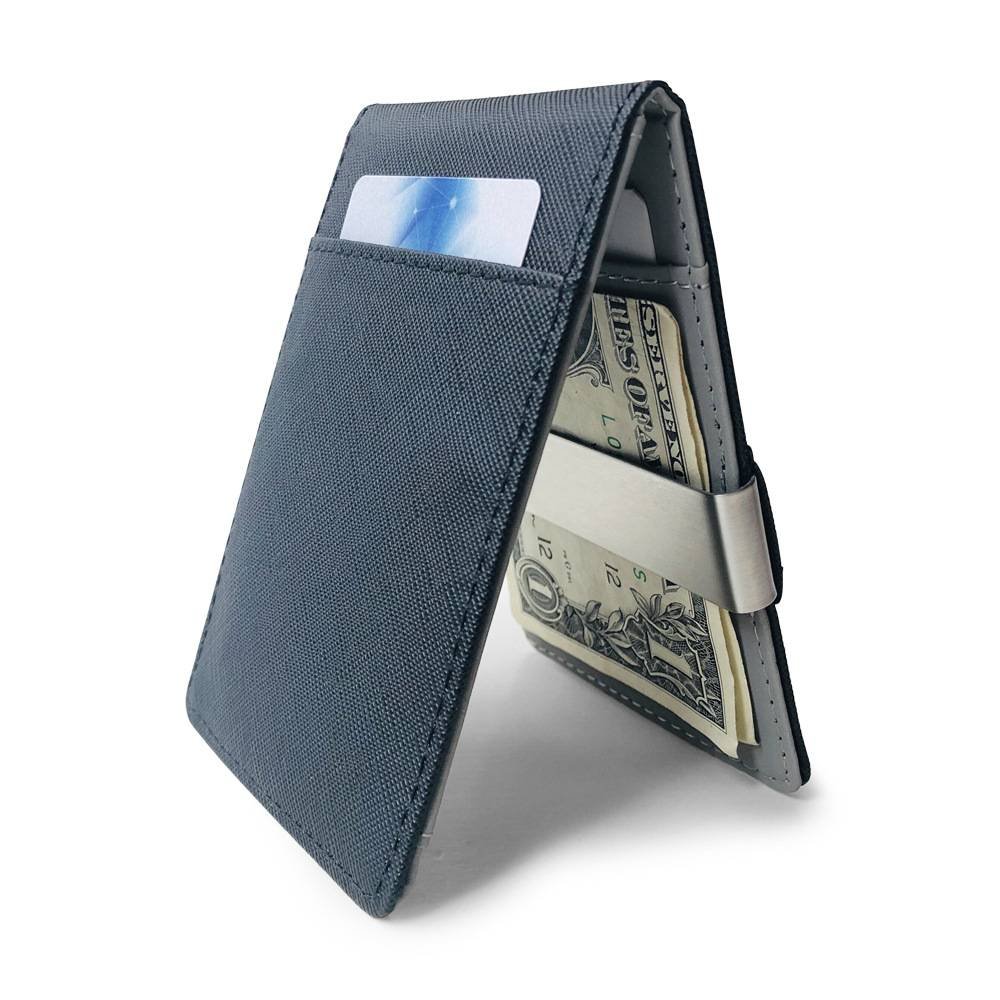 Brown Men's Slim Bifold Money Clip Wallet - Saffiano Texture PU Leather with Stainless Steel Cash Clamp - Minimalist Front Pocket Card Holder