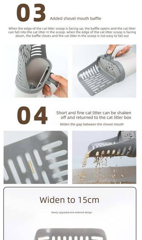 2-in-1 Cat Litter Scoop with Integrated Waste Bin Detachable Sifter Shovel Anti-Reflux Baffle Large Capacity Grey (Bags Not Included)