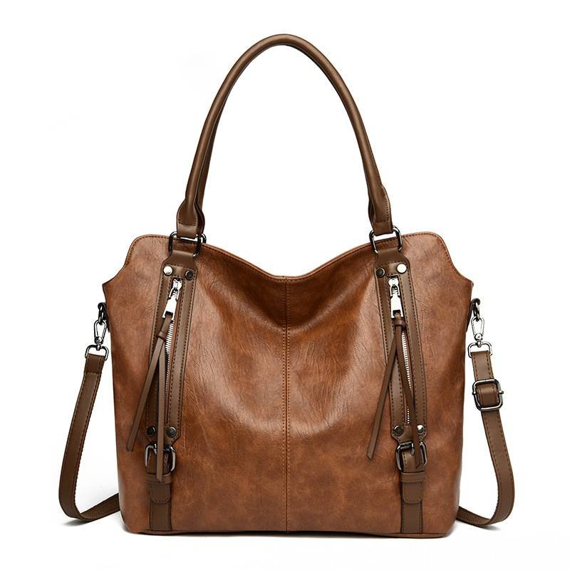 Brown Vintage Soft PU Leather Tote Bag | Large Capacity Multi-Pocket Handbag | Convertible Shoulder & Crossbody Bag