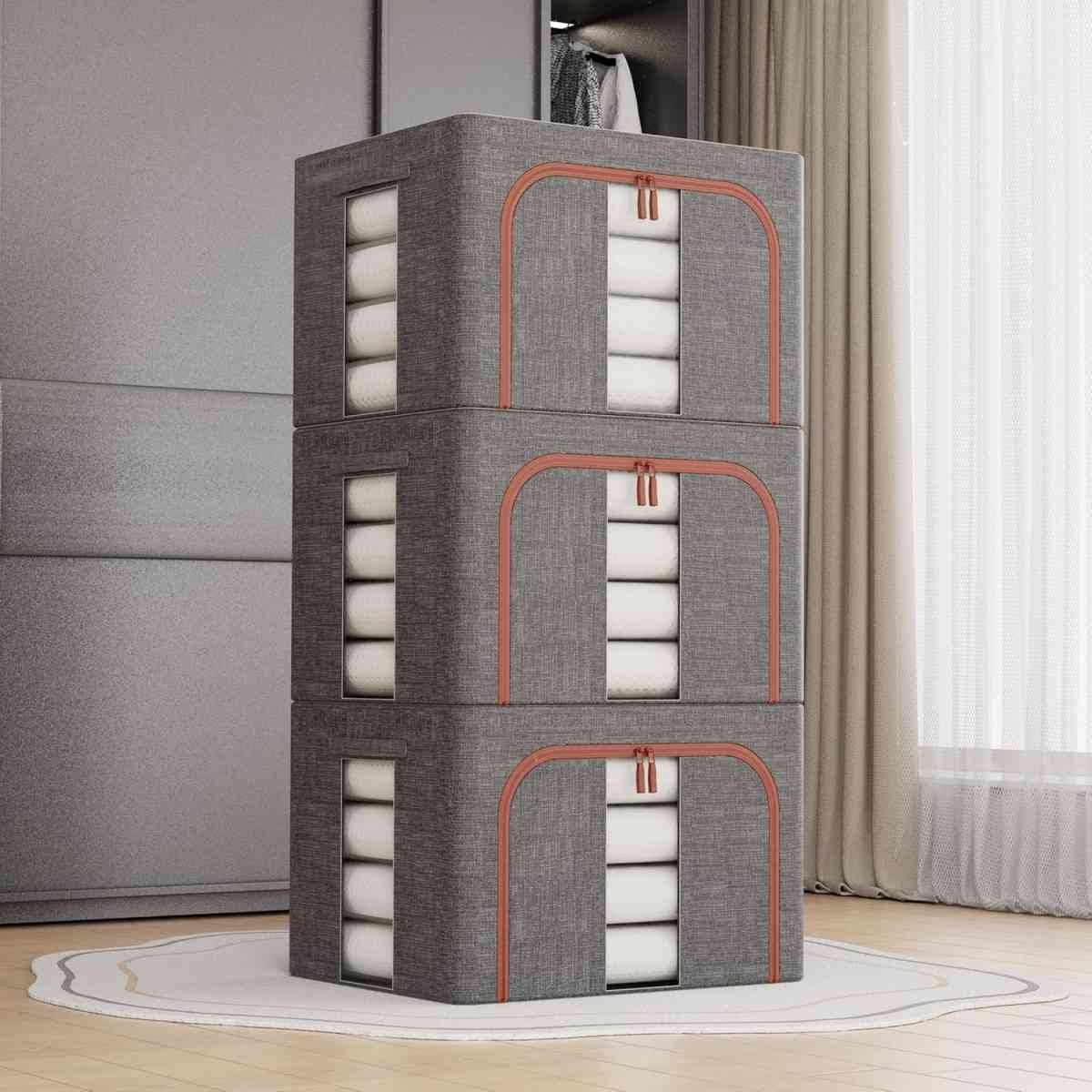 CARLA HOME 3 pack Large Clothes Storage Bins with Lids for Clothing, Bedding, Blankets, Toys (66L capacity - Grey)
