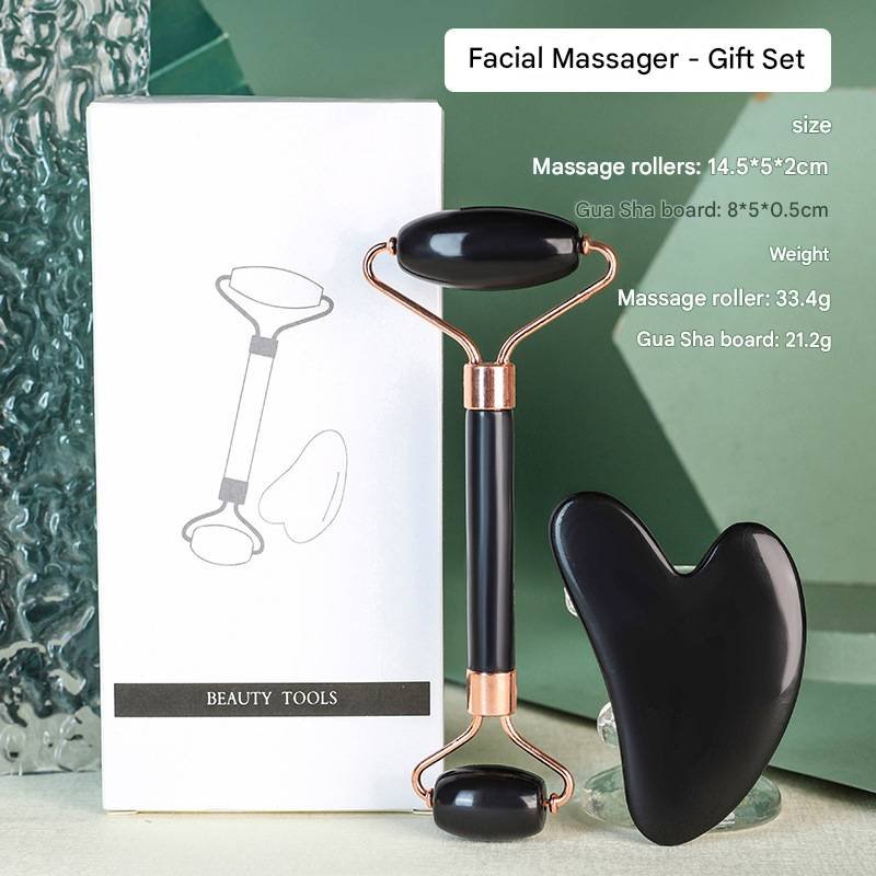 Black Dual-Head Resin Facial Roller and Heart-Shaped Gua Sha Set for Home SPA Skincare and Face Neck Massage