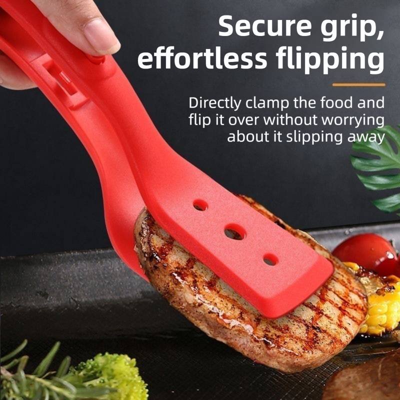 2-in-1 Marble Pattern Silicone Spatula Tongs with Locking Clip & Oil Drainage - Non-Stick Heat Resistant Food Flipper & Kitchen Clamp