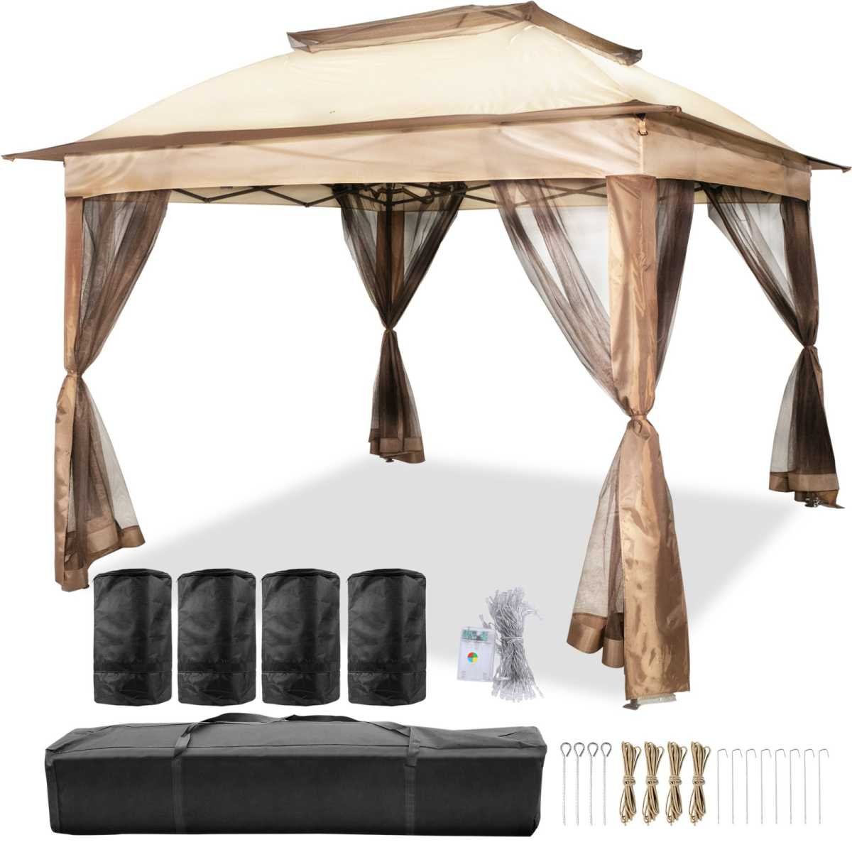 VEVOR Outdoor Canopy Gazebo Tent, Portable Canopy Shelter with 11\'x11\' Large Shade Space for Party, Backyard, Patio Lawn and Garden, 4 Sandbags, Carrying Bag and Netting Included, Brown