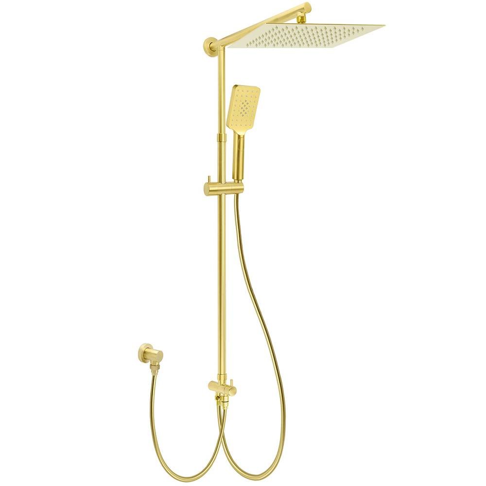 Brushed Gold Square 12" Large Rain Head 3 Mode Handheld Rose Sliding Rail Arm Twin Shower Set