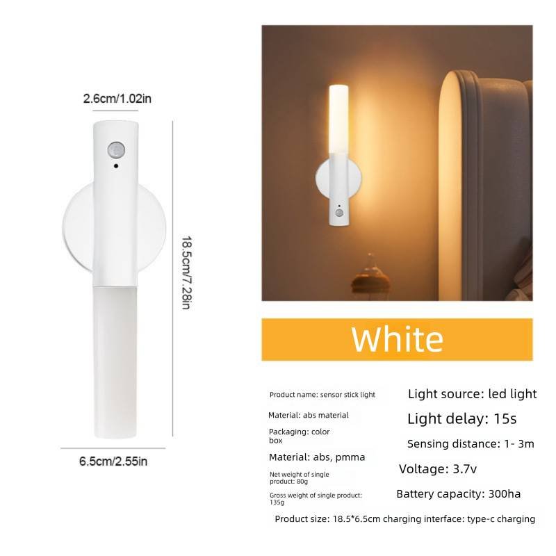 White Motion Sensor Night Light LED Rechargeable Magnetic Stick Wall Lamp Smart Wireless Batten for Hallway Staircase Nursery Warm White