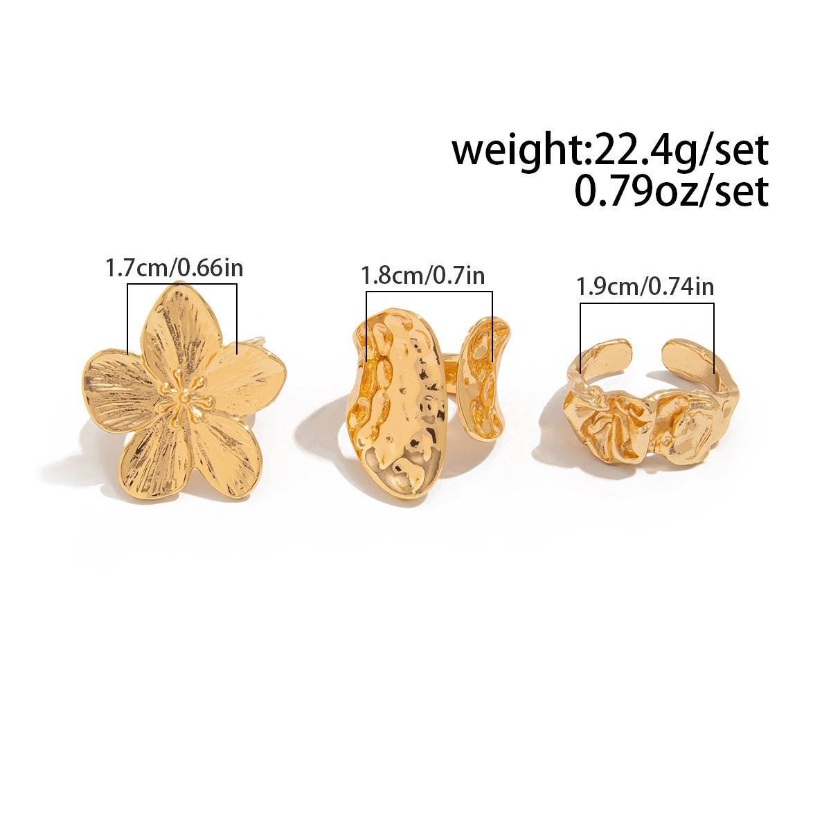 3-Piece Molten Gold Tone Ring Set - Vintage Baroque Flower & Abstract Liquid Metal Design - Adjustable Open Cuff Stackable Jewelry for Women