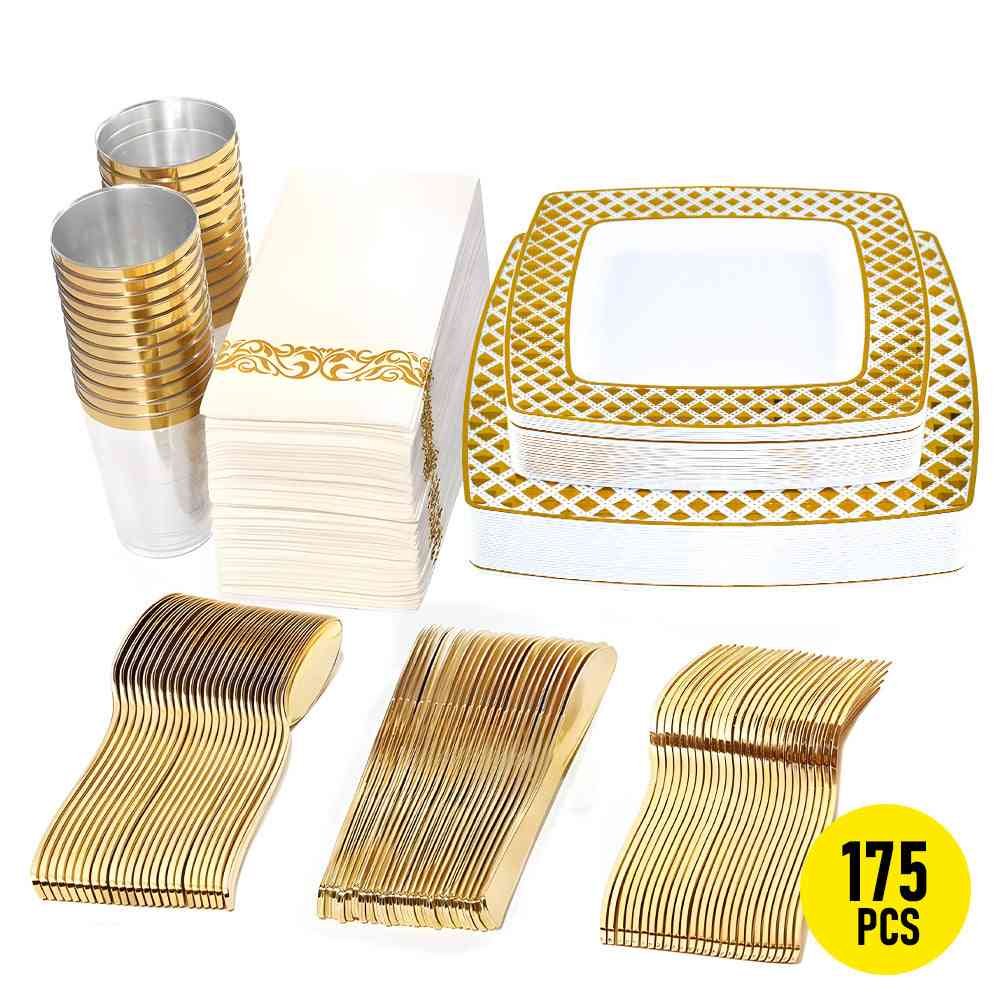 175pcs Food-Grade Wedding Event Banquet Disposable Tableware Dinnerware Gold-Edged Plastic Cutlery Pack of 25 Dining Sets Square Plates Cutlery Napkins