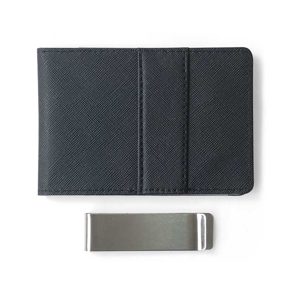 Blue Men's Slim Bifold Money Clip Wallet - Saffiano Texture PU Leather with Stainless Steel Cash Clamp - Minimalist Front Pocket Card Holder