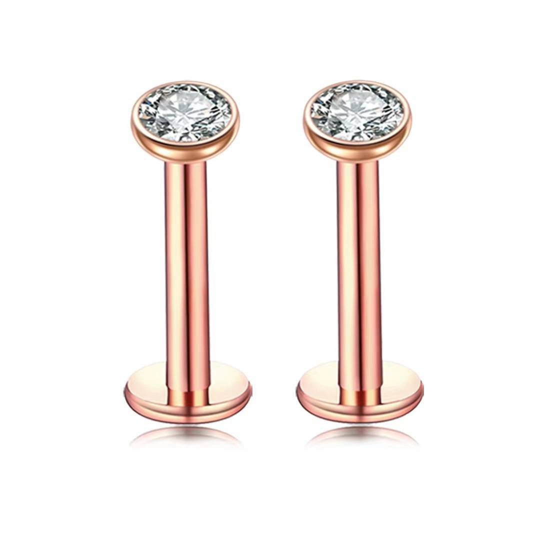 2 PCS Internally Threaded Labret Studs - 16G 8mm Stainless Steel Flat Back with 3mm CZ Crystal - Rose Gold Tone Body Piercing for Lip Tragus Helix