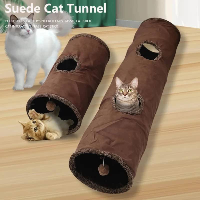 30X130CM Brown Durable Suede Foldable Cat Tunnel - Interactive Multi-Sensory Play Tube with Crinkle Paper & Plush Interior, plush ball and Steel Frame