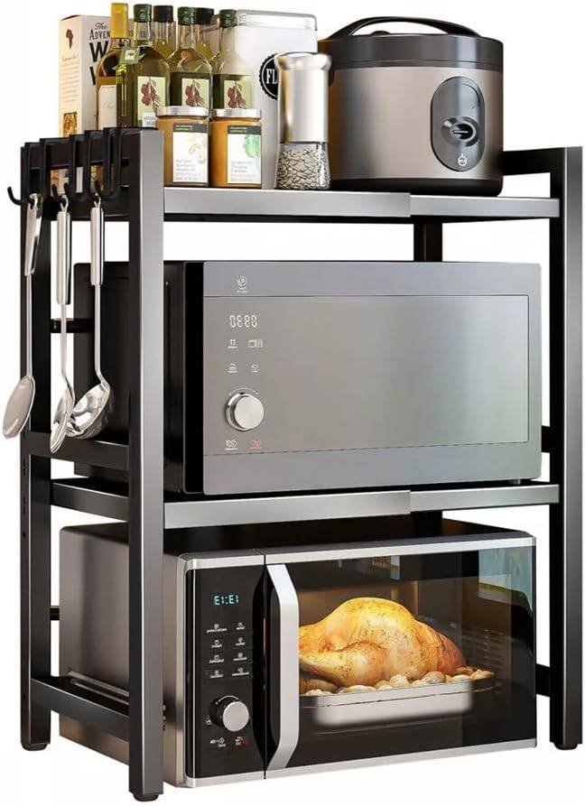 CARLA HOME 3-Tier Microwave Oven Rack with Adjustable Metal Kitchen Shelf Stand for Countertop Storage and 6 Hooks for Utensils