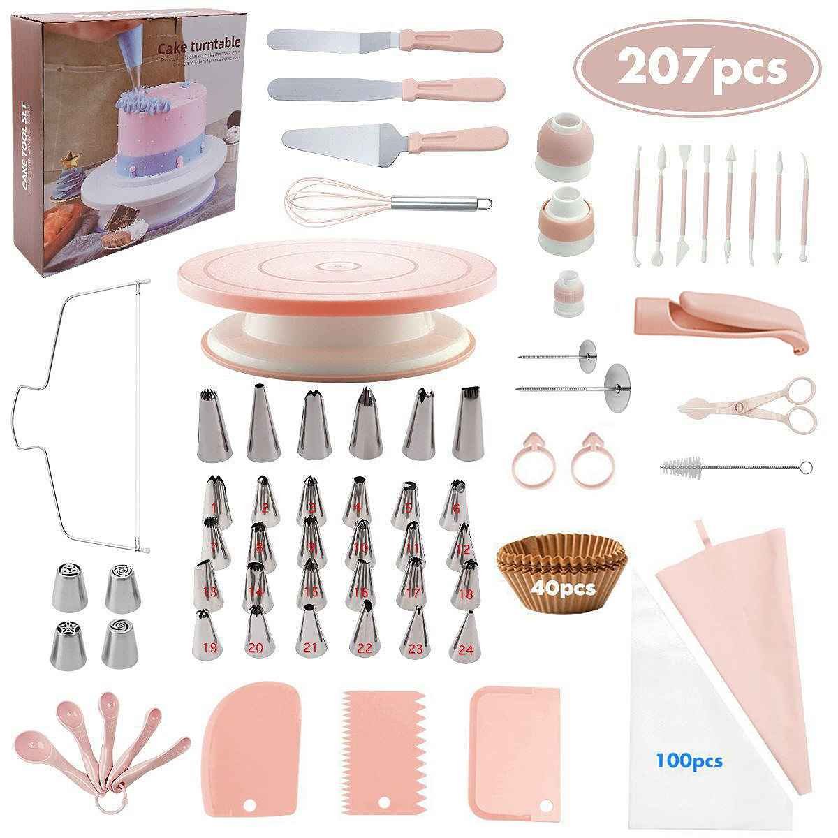 207 Pieces Cake Decorating Kit with Nordic Pink Revolving Turntable Icing Tips and Spatulas Complete Baking Tool Set