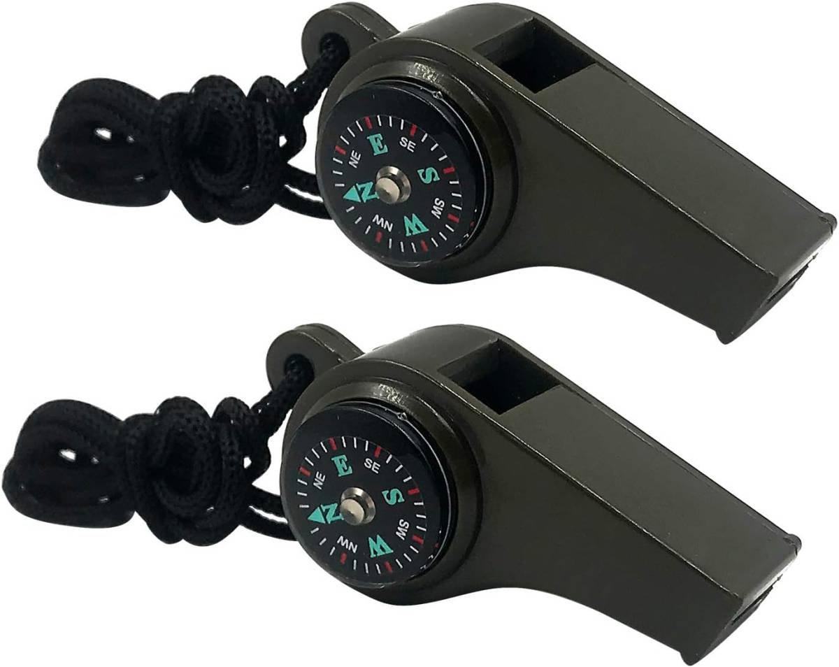 3-in-1 Emergency Whistle with Compass & Thermometer - Set of 2 - Includes Lanyard - Safety Whistle for Outdoor, Hiking & Camping - Green