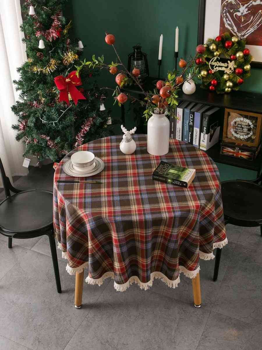 Round checkered tablecloth - Vintage round tablecloth - Party decoration - Checkered tablecloth - Festive wedding decoration - Round tablecloth with tassels - Suitable for kitchen, dining room, table decoration (Size: 90 cm) - Brown - 90*90 cm