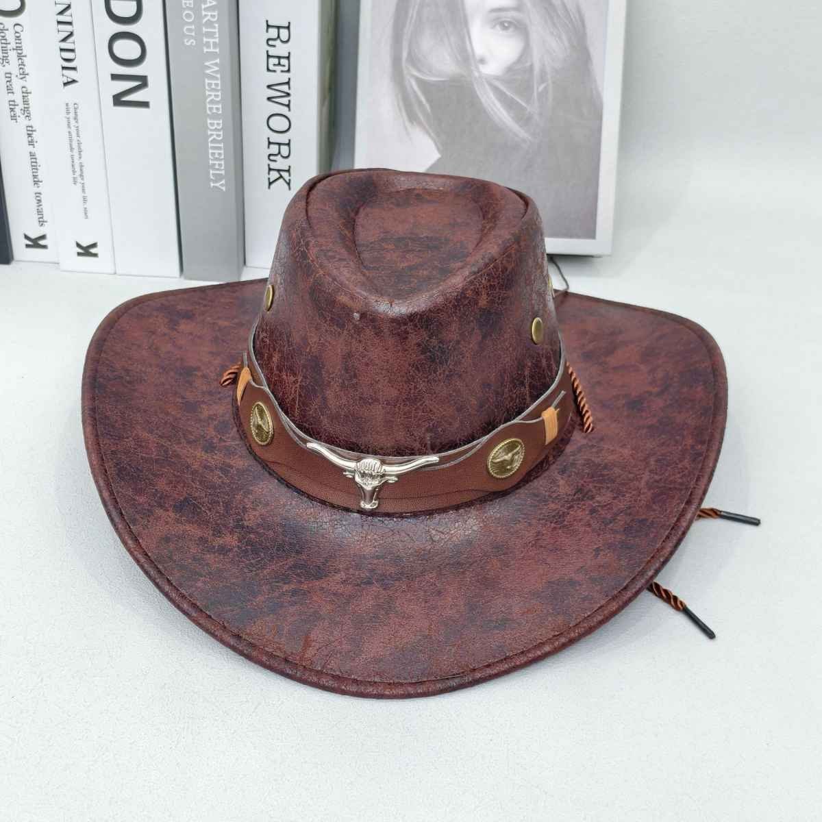 Rustic Western Cowboy Hat - Distressed Faux Leather Look Wide Brim Outback Sun Hat with Bull Head Emblem for Men & Women (Coffee Brown)