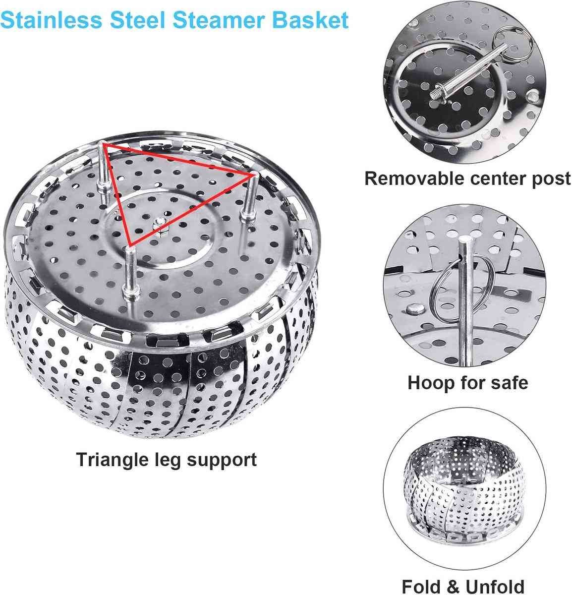 Vegetable Steamer Basket - Collapsible Steamer Basket - Stainless Steel Foldable Steamer Basket - For Cooking Food - Expandable, Suitable for Pots of Different Sizes (13.5cm to 21.8cm).