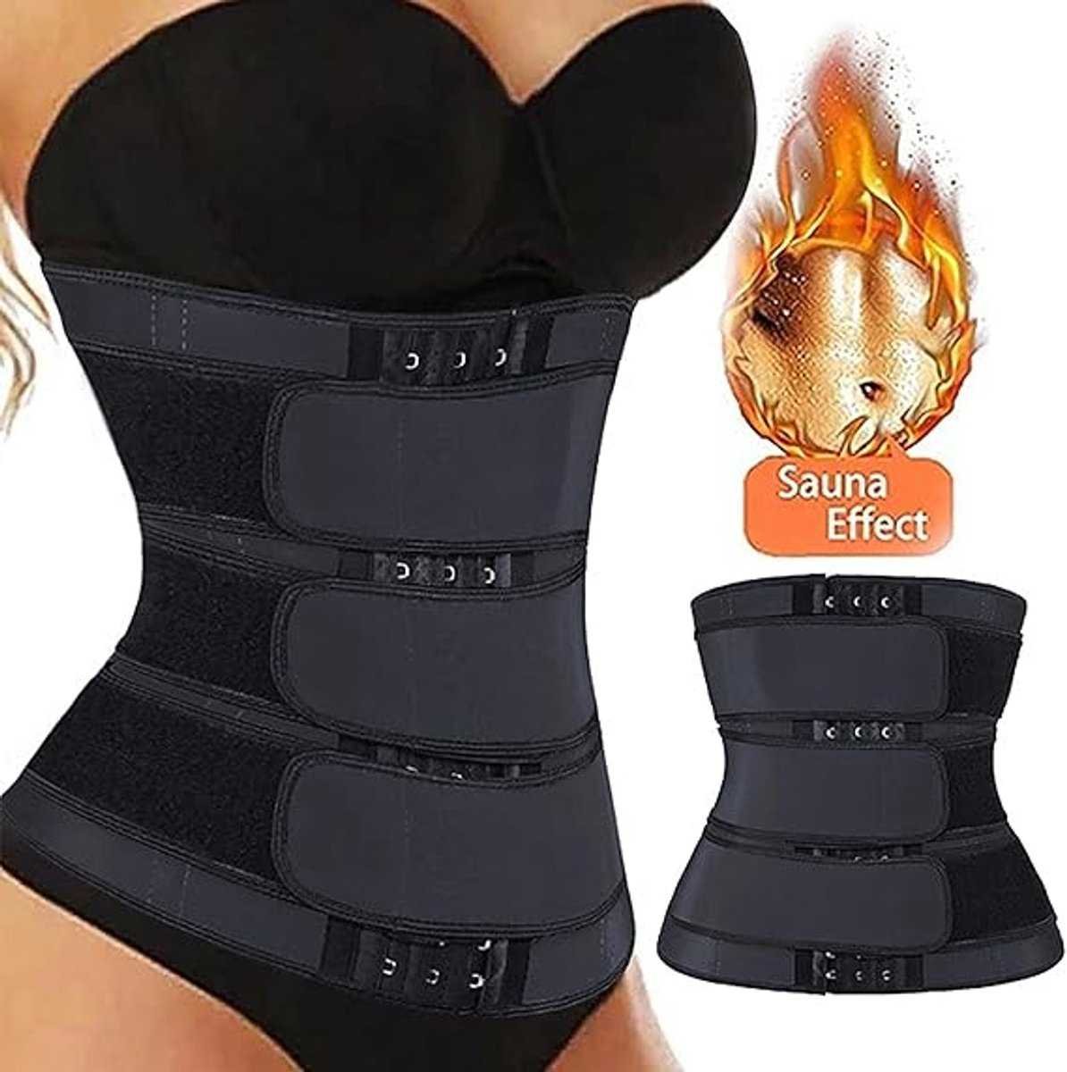 Women Sweat Reducer Training Belt - Sweatband - Waist Trainer - Slimming Belly Band - 3-Row Closure & Breathable Material - Extended Sizes (S to 6XL) - Black,S