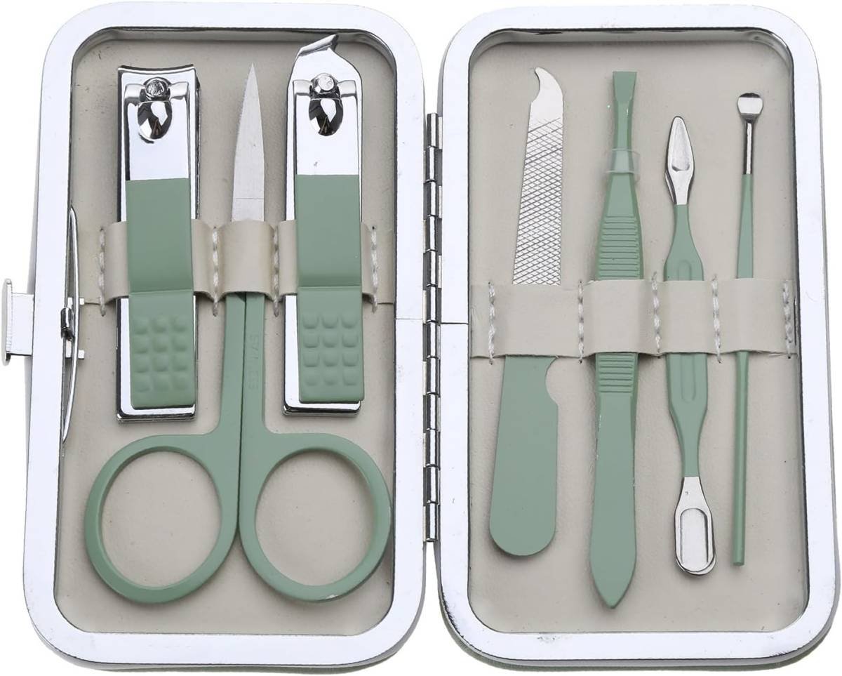 Carbon Steel Manicure Set - Pedicure Scissors - with Leather Travel Case - Mint Green