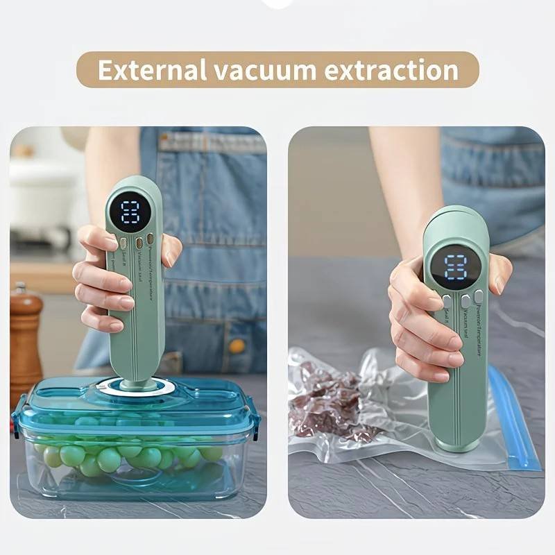 USB Rechargeable Portable Vacuum Sealer, includes sealing bags and a rapid vacuum pump. Space-saving design, suitable for vacuum packing snacks, meat, fruits, and vegetables for food preservation.GREEN