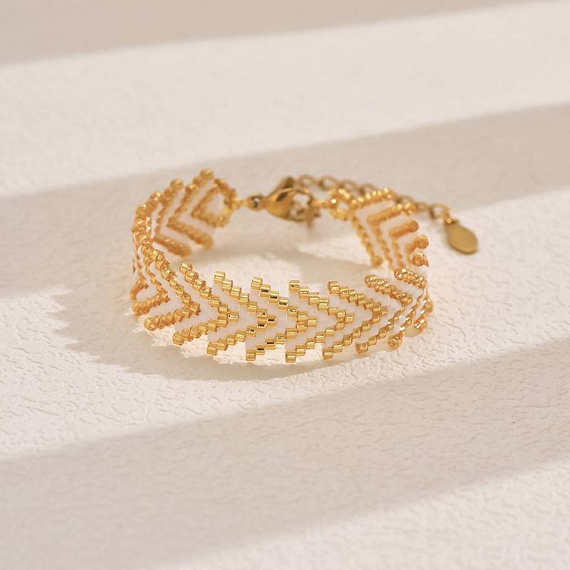 Gold-white Miyuki Beaded Bohemian Rainbow Arrow Handmade Stainless Steel Bracelet