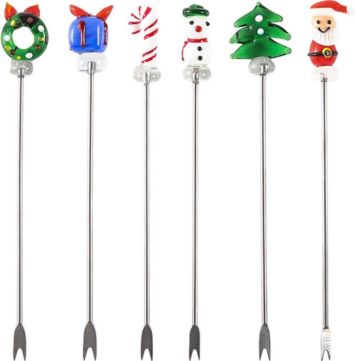Creative Christmas Fruit Forks, Stainless Steel - Hand-Glazed Cartoon Fruit Picks with Double Prongs - Santa Claus - Christmas Tree - Fruit Fork Set (Set of 6)