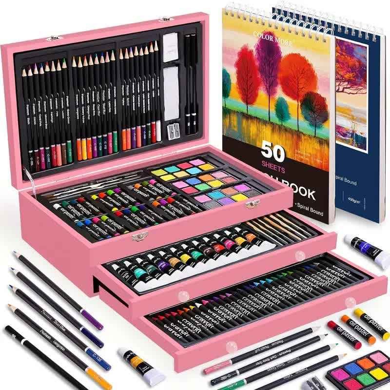 Pink 175-Piece Deluxe Art Set with 2 Drawing Boards, Wax Crayons, Acrylic Paints, Colored Pencils, Wooden Storage Case – Professional Painting Kit, Art Supplies, Ideal Gift for Christmas, Halloween, and Back-to-School Season